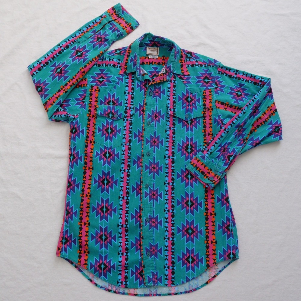 90s‎ Western Plains Trading Co. psychedelic southwest print button down shirt